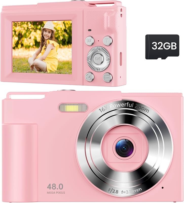 Pink Digital Camera for Kids and Teens, 16× Zoom, Christmas or Birthda