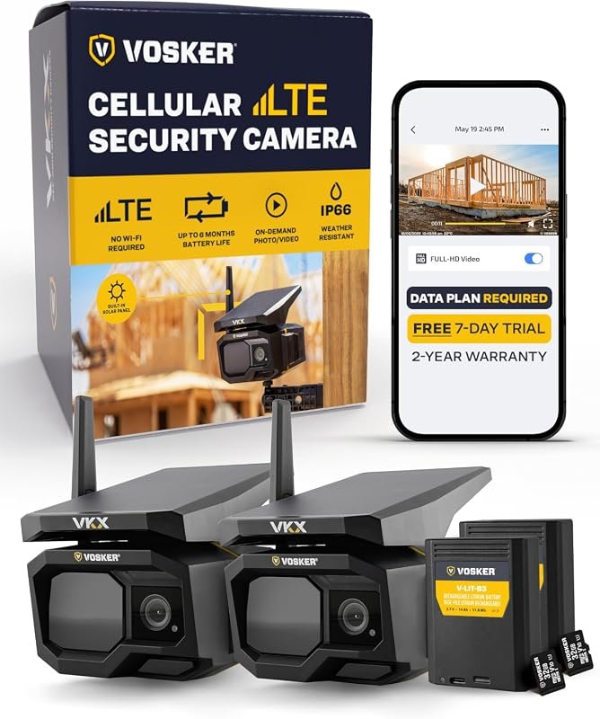 Vosker VKX 4G LTE Solar Cellular Security Camera – 2‑Pack Video‑Ready