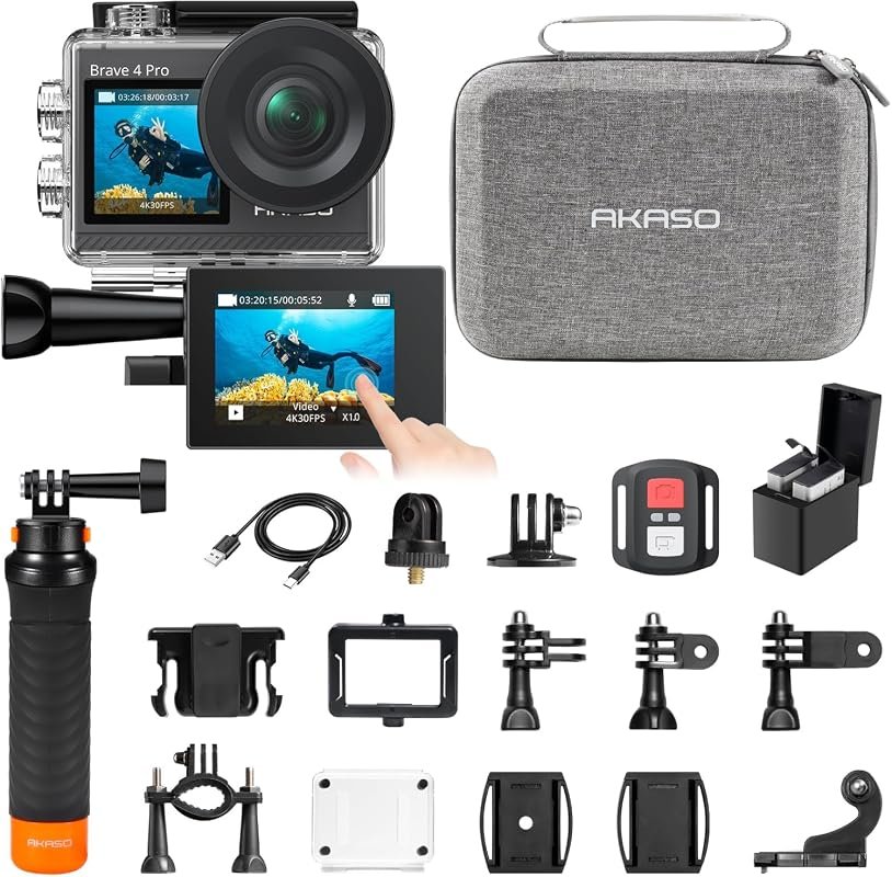 AKASO Brave 4 Pro Action Camera includes floating hand grip, carrying 
