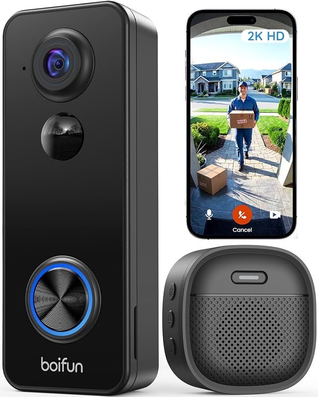 BOIFUN 2K Wireless Video Doorbell Camera – 180° Wide View, No Subscrip
