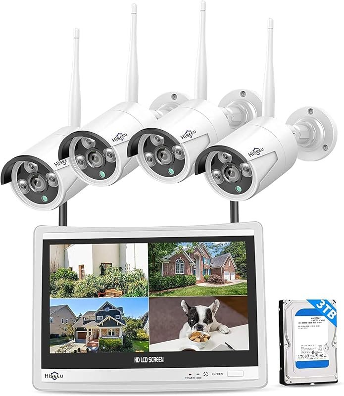 Hiseeu 5MP Bullet Camera System – 4K NVR with 12" LCD, 3TB HDD, IP65 N