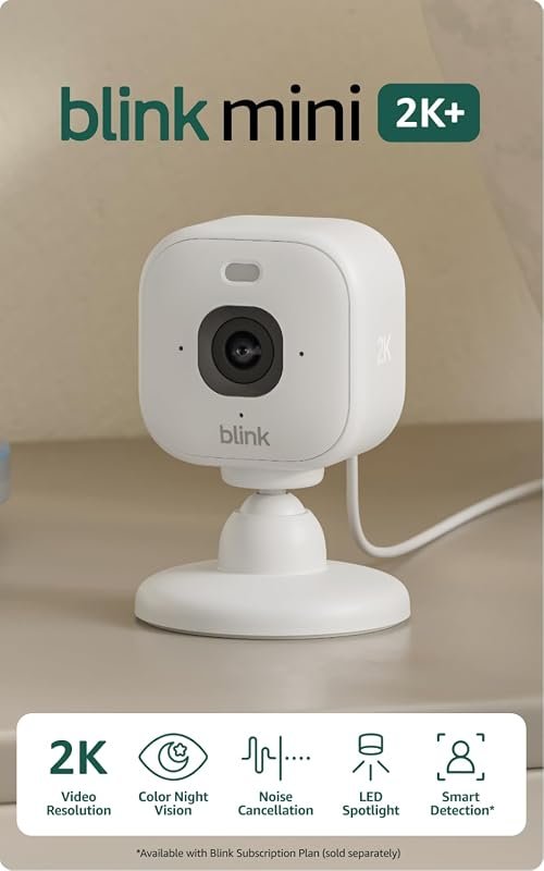 Blink Mini 2K+  – Plug-in Home & Pet Indoor Security Camera with 2K vi