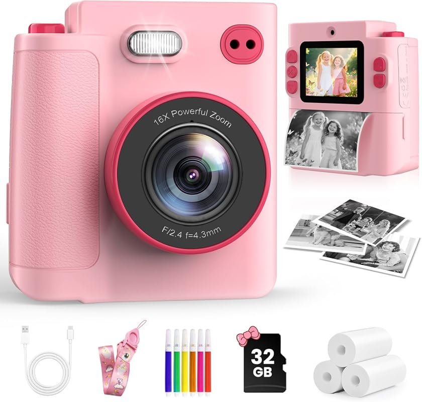 Kids Instant Print Camera with 1080P HD Video, Easy‑Use Design for Gir