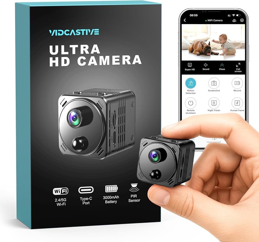 VIDCASTIVE 4K mini hidden camera with dual‑band Wi‑Fi, AI human detect