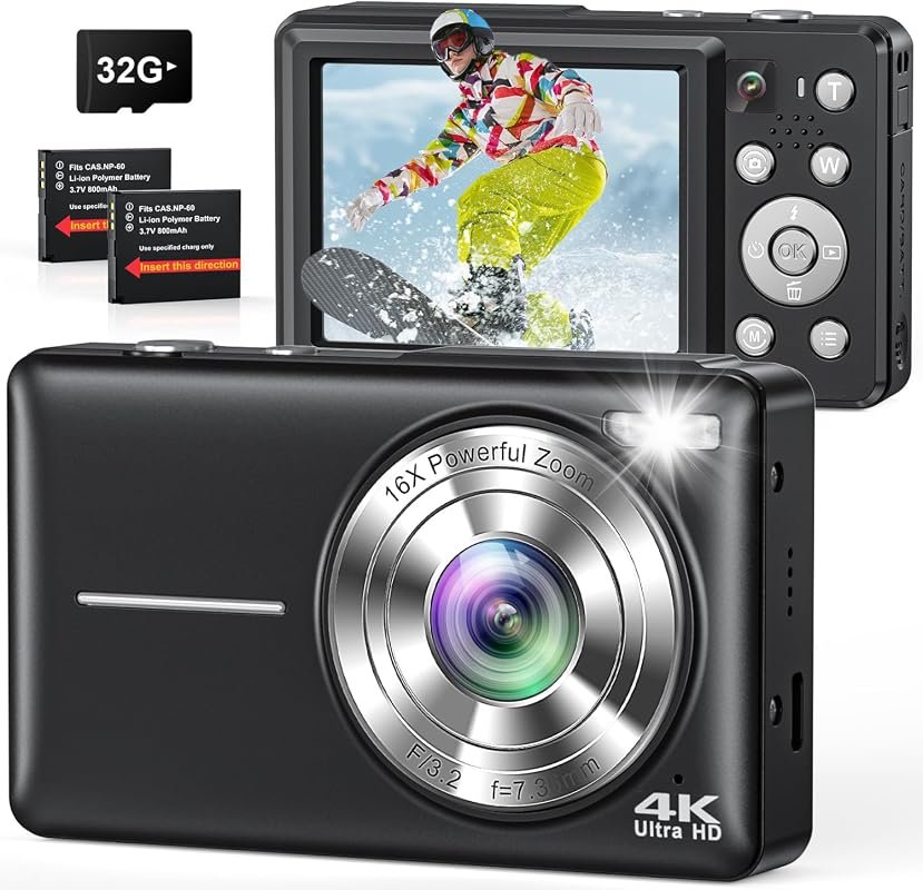 64MP Compact 4K Digital Camera with built‑in selfie lens, includes 32G