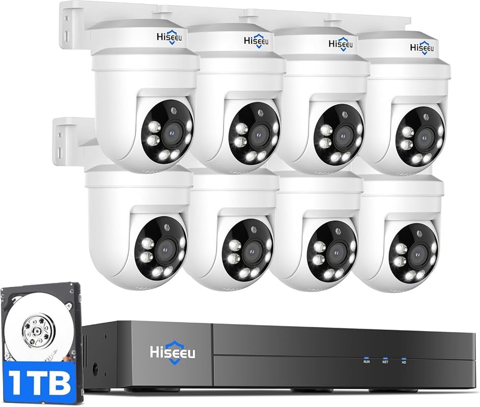 Hiseeu 3K PTZ Outdoor Wired Security Camera System with 8 × 5MP PTZ Ca