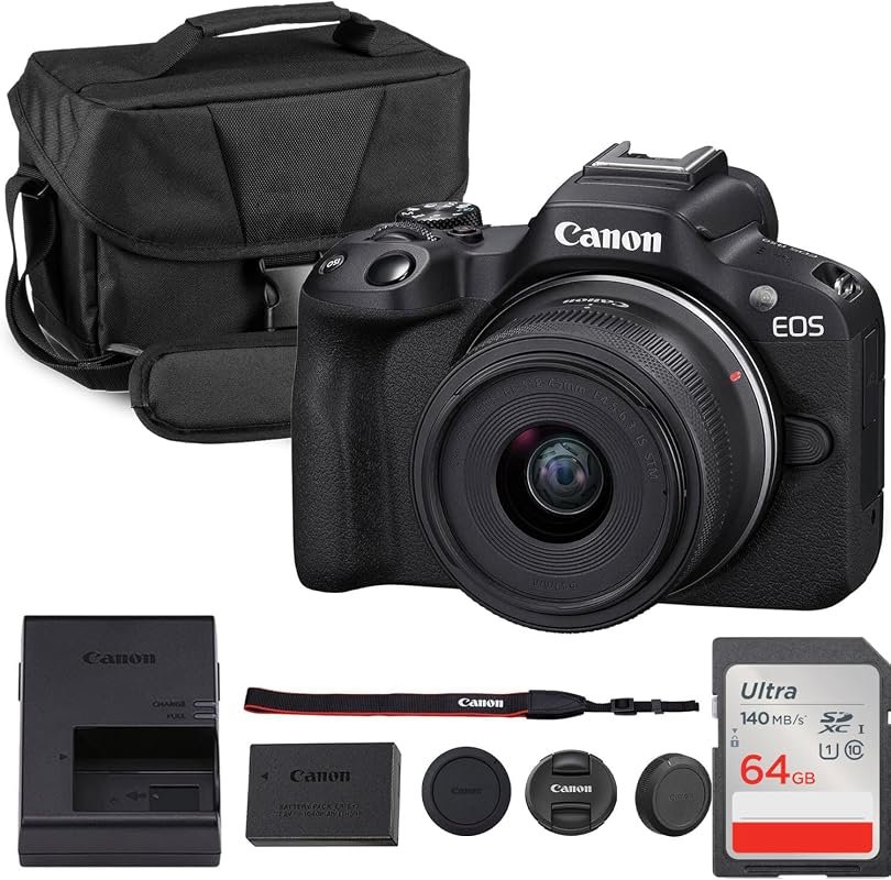 Canon EOS R50 Mirrorless Camera with 18-45mm f/4.5‑6.3 Lens Bundle, 24