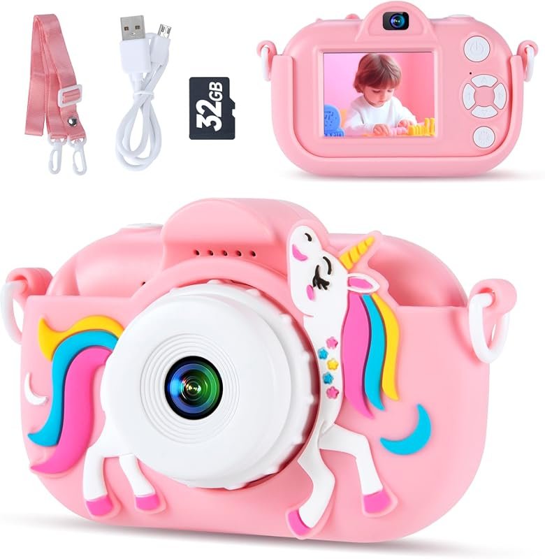 Kids Digital Camera for Ages 3‑8 with Silicone Case, 1080P Video, 32GB