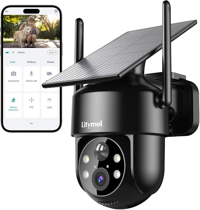LITYMOL 2K 2.4 GHz Wireless Outdoor Security Camera, 360° Solar, Color