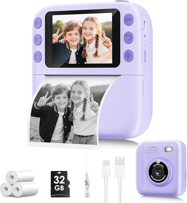 Purple Kids Instant Print Camera with 1080P HD Video, Includes 32GB SD