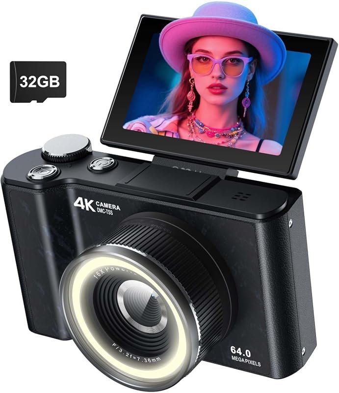 W & O 4K camera for kids with a 180° flip screen for easy photography 