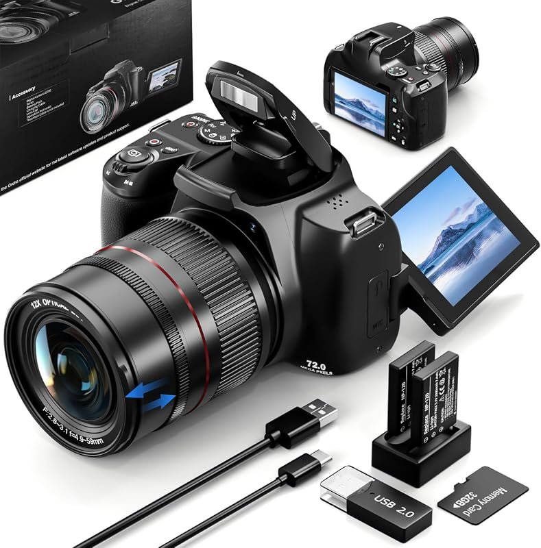 72MP 4K Bridge Camera with 12× Zoom, Macro, Flip Screen, Wi‑FI, Batter