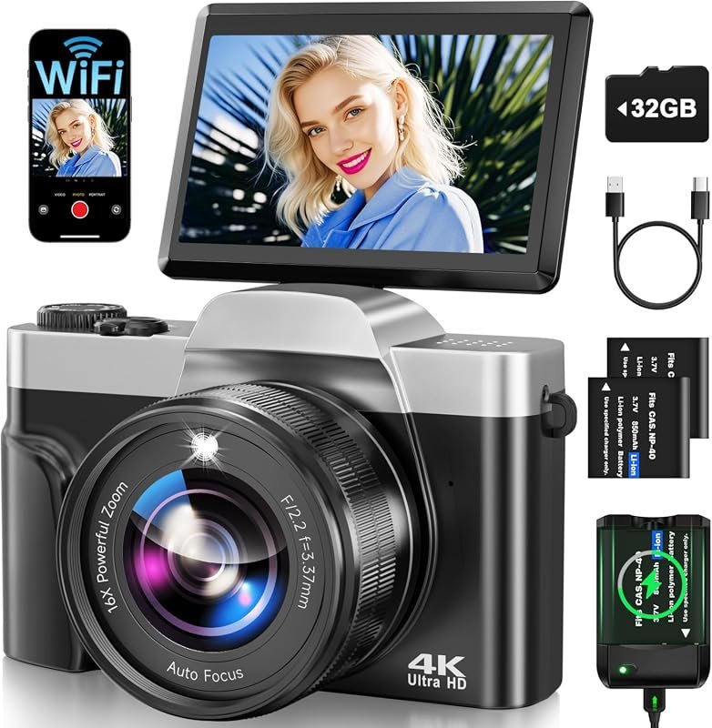 4K 64MP Vlogging Camera with Wi‑Fi, Auto‑Focus, 16× Zoom, 3″ 180° Flip