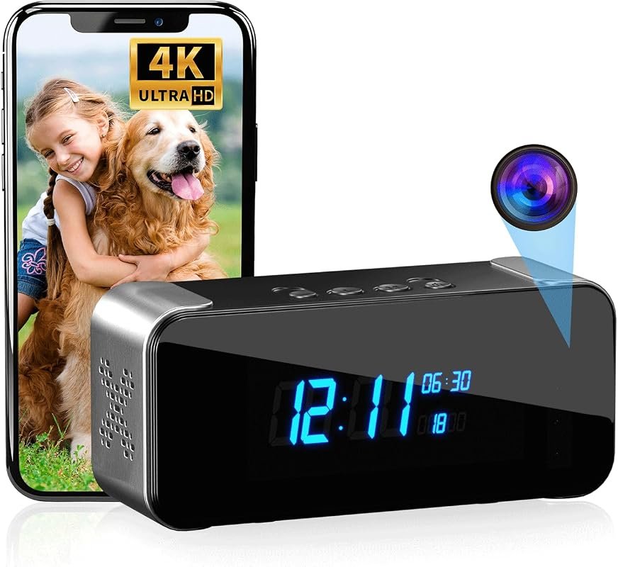Wireless 4K Hidden Camera Alarm Clock Nanny Cam featuring Night Vision