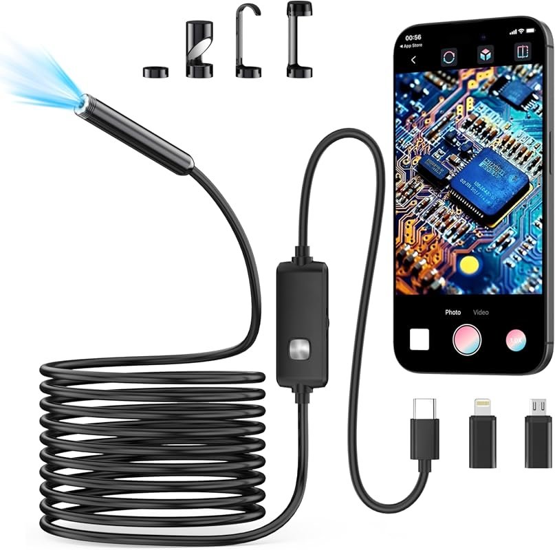 HD 1920P Endoscope Camera Borescope features 8 adjustable LED lights, flexible probe and easy USB connectivity