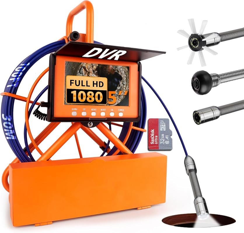 100FT/30M 1080P Sewer Camera with 6 LED Lights, 5