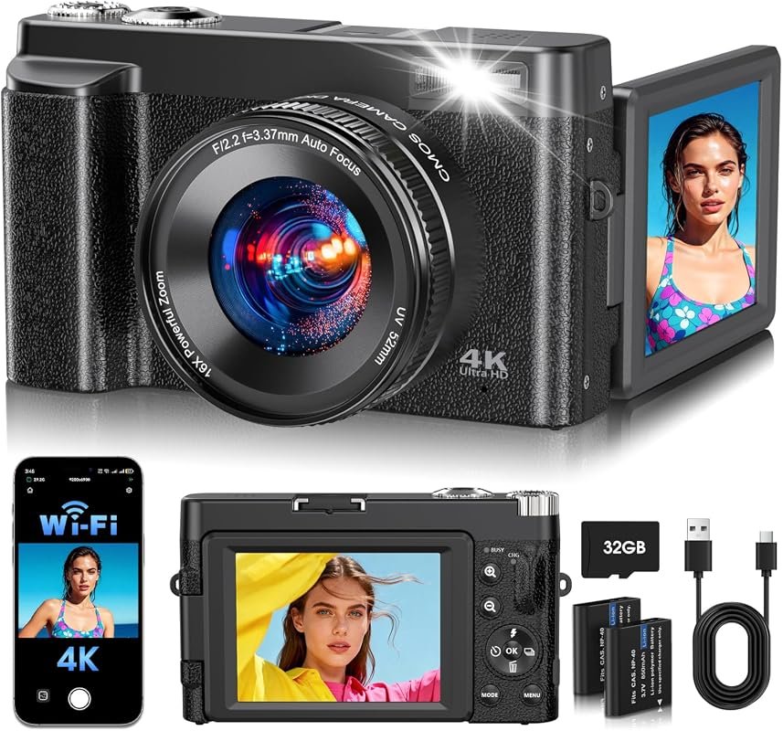2026 64MP 4K Wi‑Fi Camera with 180° flip screen, autofocus, 16× zoom, 