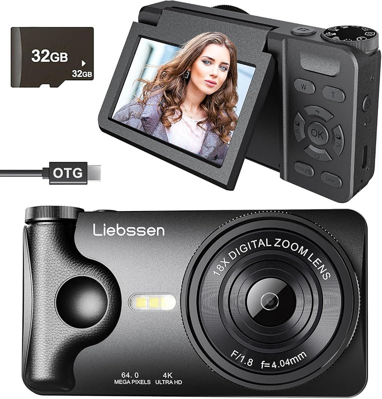 64MP 4K Camera – Autofocus, 180° Flip Screen, Time‑Lapse, Slow‑Motion,
