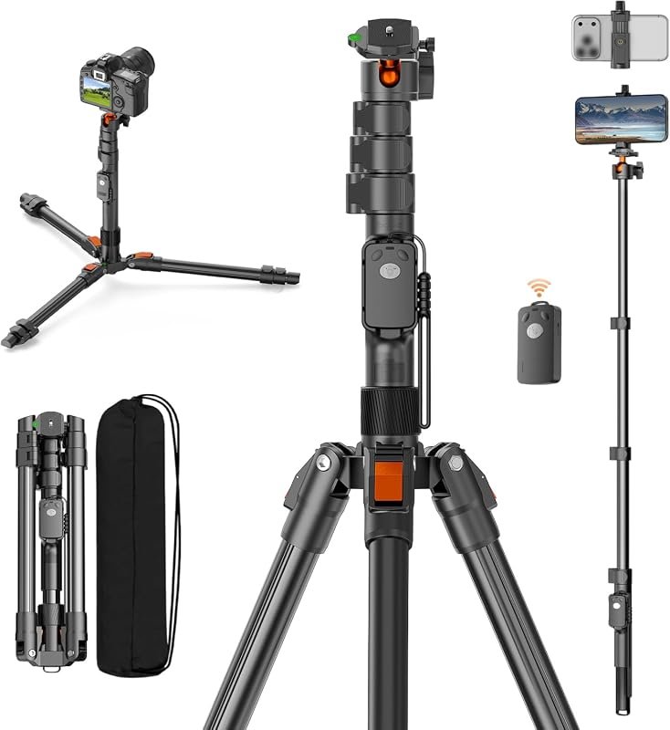 XXZU 75‑inch aluminum camera tripod with remote, converts to monopod, 