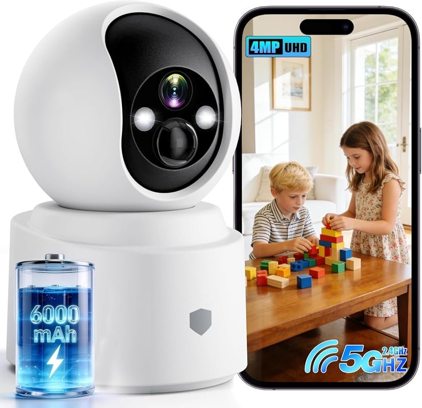Noonkey 4MP HD Wireless Indoor Camera – Battery‑Powered Pan/Tilt, 6000