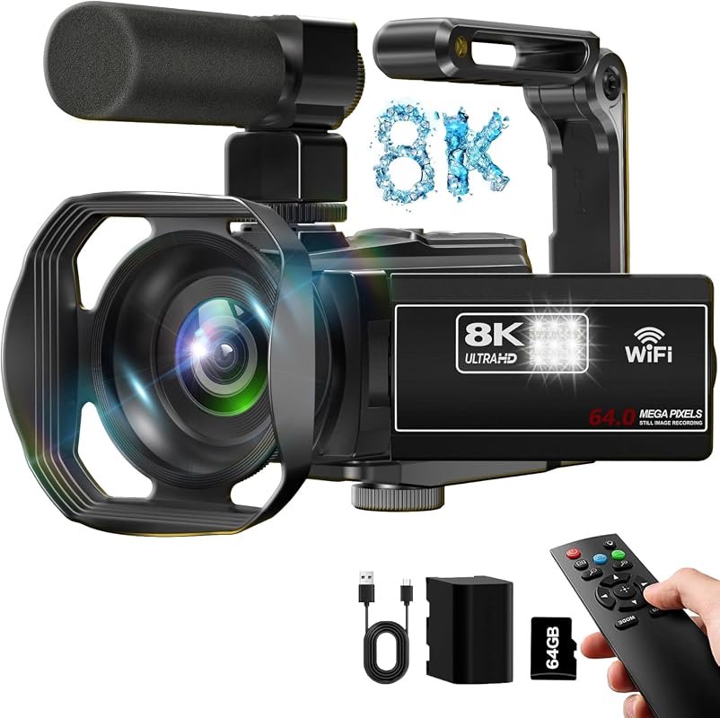 8K 64MP Camcorder for Vlogging featuring 18× Zoom, Wi‑Fi connectivity,