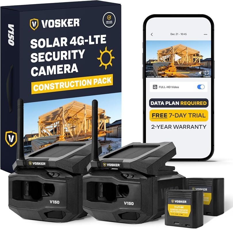 Vosker V150 Construction Pack 4G LTE Solar Cellular Security Cameras –