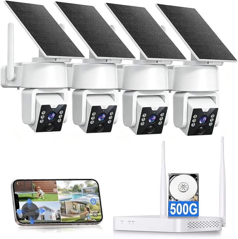 AOSU 4MP Solar Security Camera System with 500GB NVR, No Monthly Fee, 