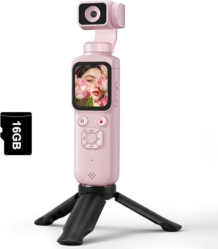 Pocket‑size 4K vlogging camera with 330° rotating lens, dual‑axis stab