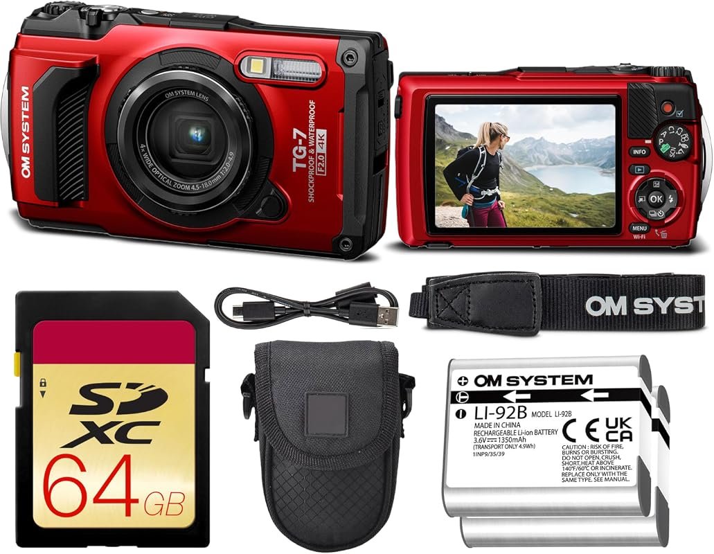 OM SYSTEM Tough TG‑7 Underwater Camera in Red with Battery Bundle for