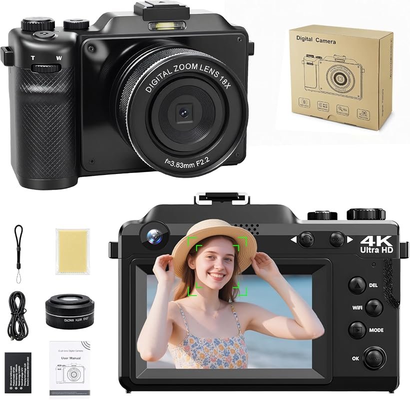 4K Digital Camera with 48MP Sensor, 18× Optical Zoom, Fast Autofocus, 