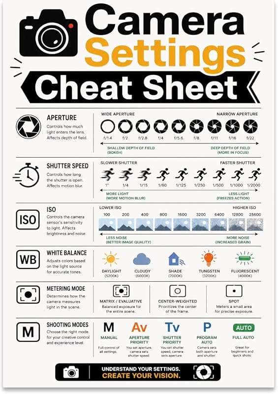 Camera Settings Cheat Sheet Poster – 13x19 Photography Guide for Quick