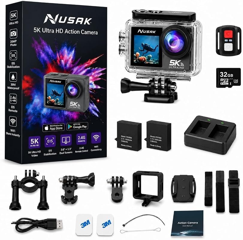NUSAK 4K Action Camera with 5K Ultra HD video, 50MP photos, EIS stabil