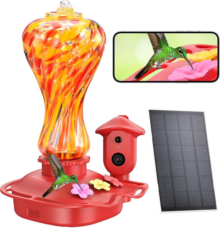 Glass Hummingbird Feeder with 2K HD Camera, Solar‑Assisted 2.4 GHz Wi‑Fi, AI Bird ID, Motion Alerts, Ant Moat