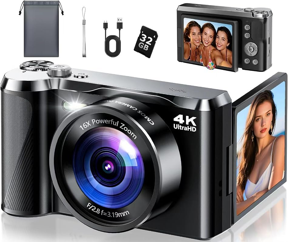 4K 56MP Camera with 16× Zoom, 3″ 180° Flip Screen – Perfect for Beginn