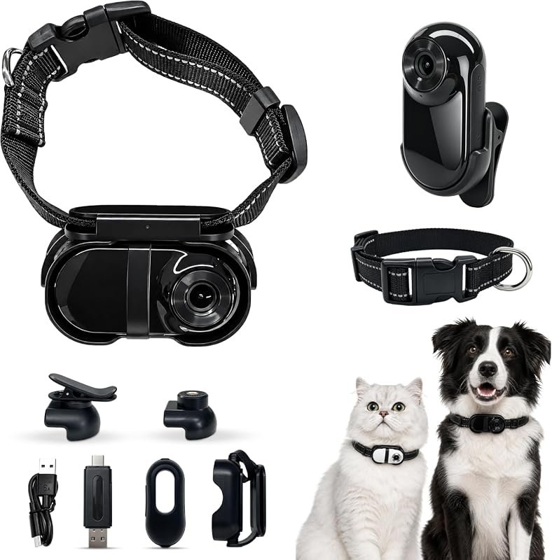 Cat Camera Collar – Pet POV Cam with Back Clip, Large Black Collar, Secure Fit for Active Pets