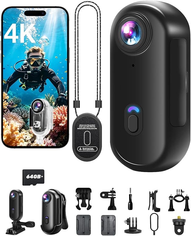 4K Mini Body Camera with WiFi, 64 GB Card, Wearable Design and POV Len