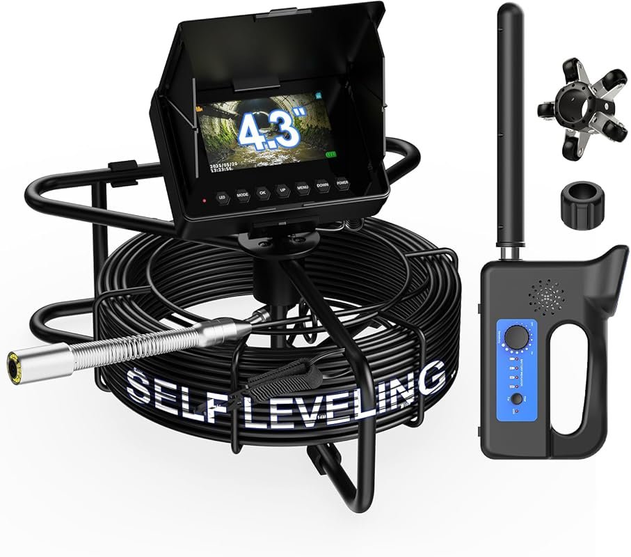 Self-leveling sewer camera with locator and 100ft flexible snake cable