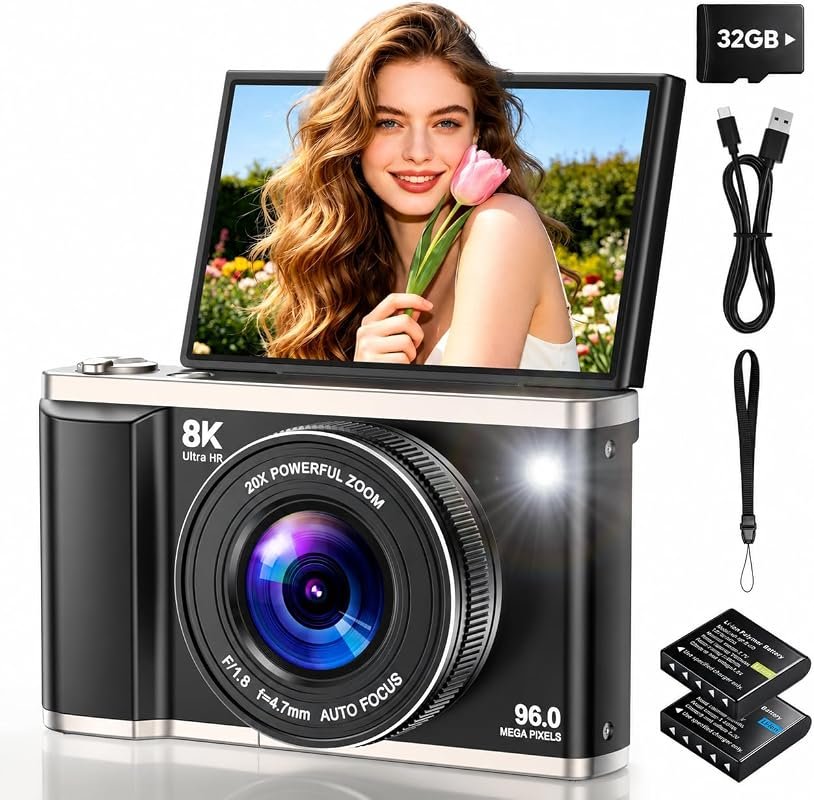 8K 96MP Digital Camera with WiFi, Autofocus, 20X Optical Zoom, 3.5″ Fl
