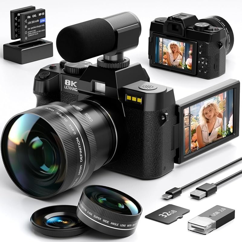 8K 64MP Dual‑Lens Digital Camera with 16X Optical Zoom, Built‑in Micro