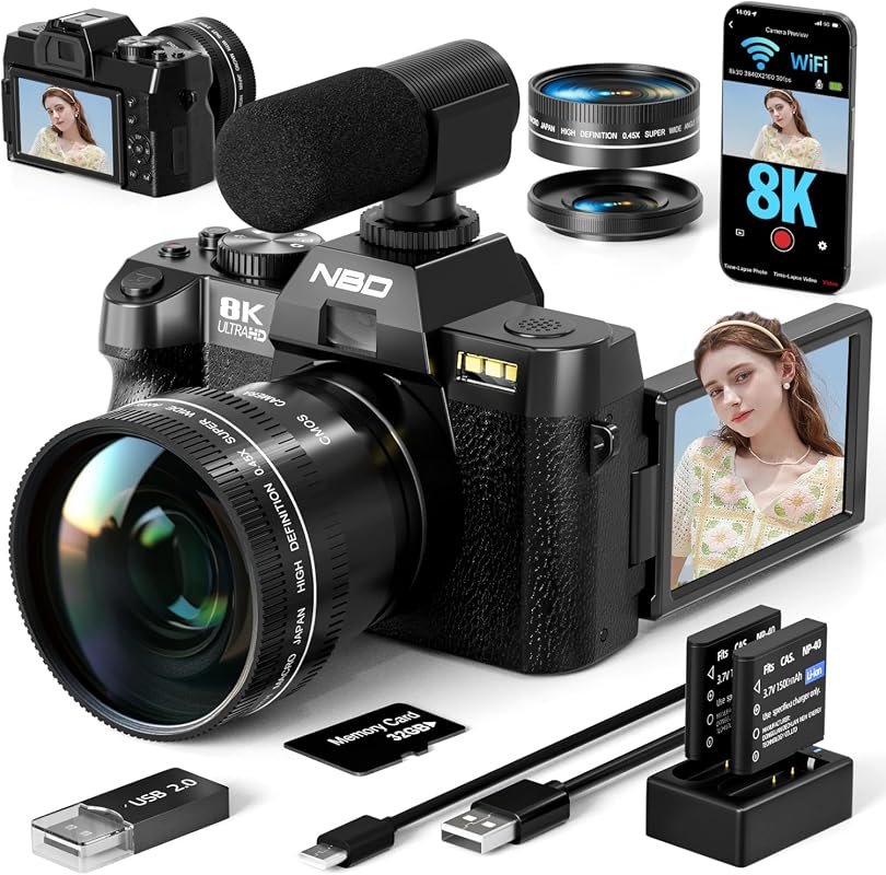 True 8K 64MP Digital Camera for Photography in Black with Built‑in Mic