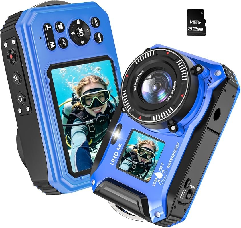 33‑Foot 4K Underwater Camera delivering 64 MP stills, includes 32 GB S