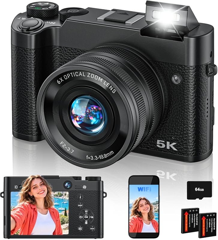 5K Digital Camera with 6X Optical Zoom,64MP WiFi Camera