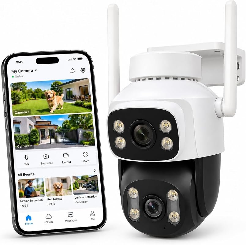 Dual Lens Security Cameras Outdoor, 2-Way Audio, Security Camera with 