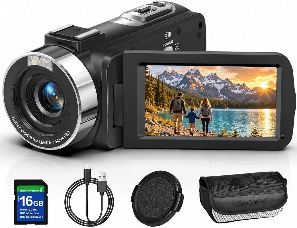64MP 2.7K Video Camcorder – IR Night Vision, 16X Zoom, 270° Rotating S