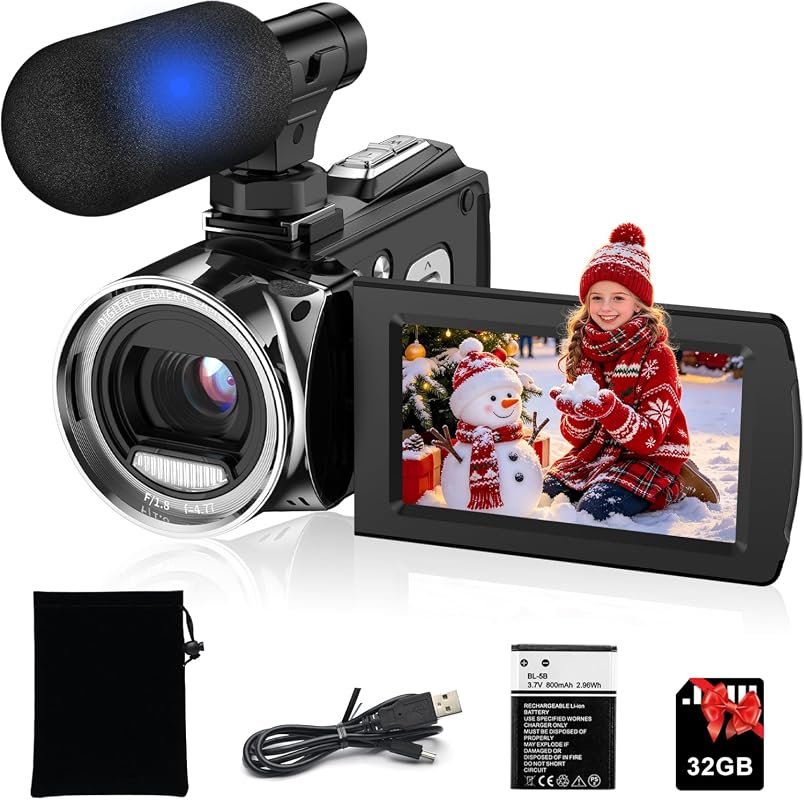 48MP 4K Vlogging Camcorder with 3‑inch IPS Screen, 18× Zoom, Built‑in Microphone, Perfect for YouTube, TikTok, Kids