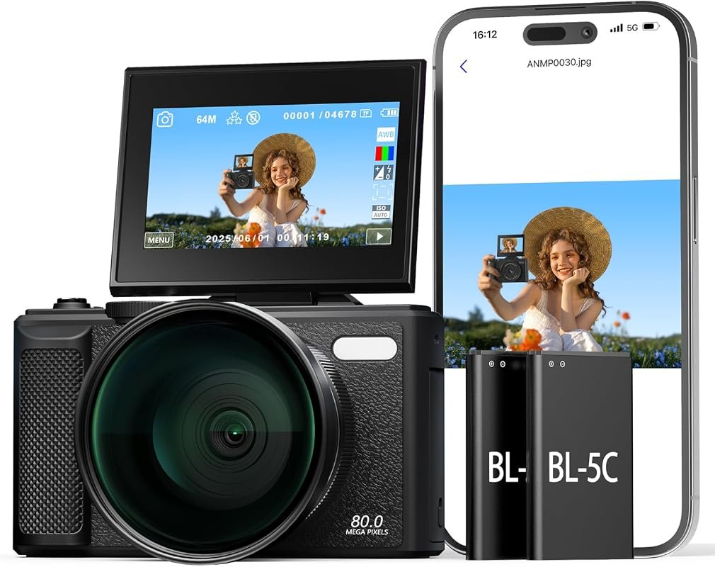 5K 80MP Wi‑Fi Digital Camera with 3‑inch Flip Screen, Autofocus, and H