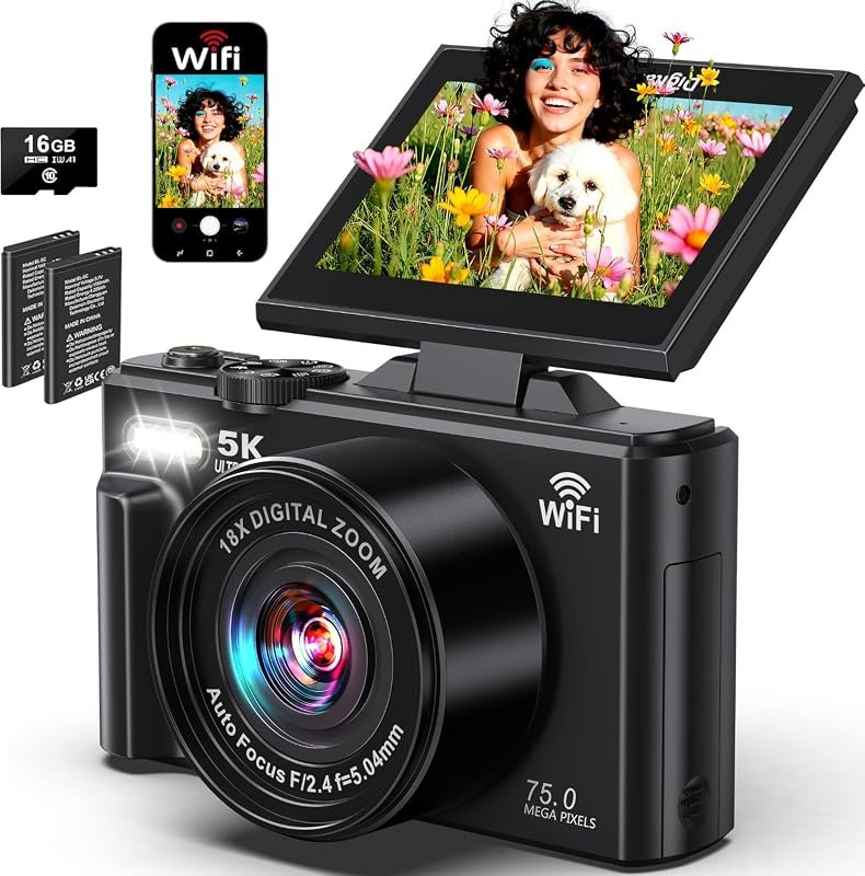5K digital camera with Wi‑Fi, 75MP UHD sensor, fast autofocus, ideal f