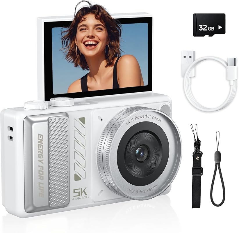 5K 80MP 2026 Vlogging Camera with 16× Zoom, 3″ 180° Flip Screen, Flash