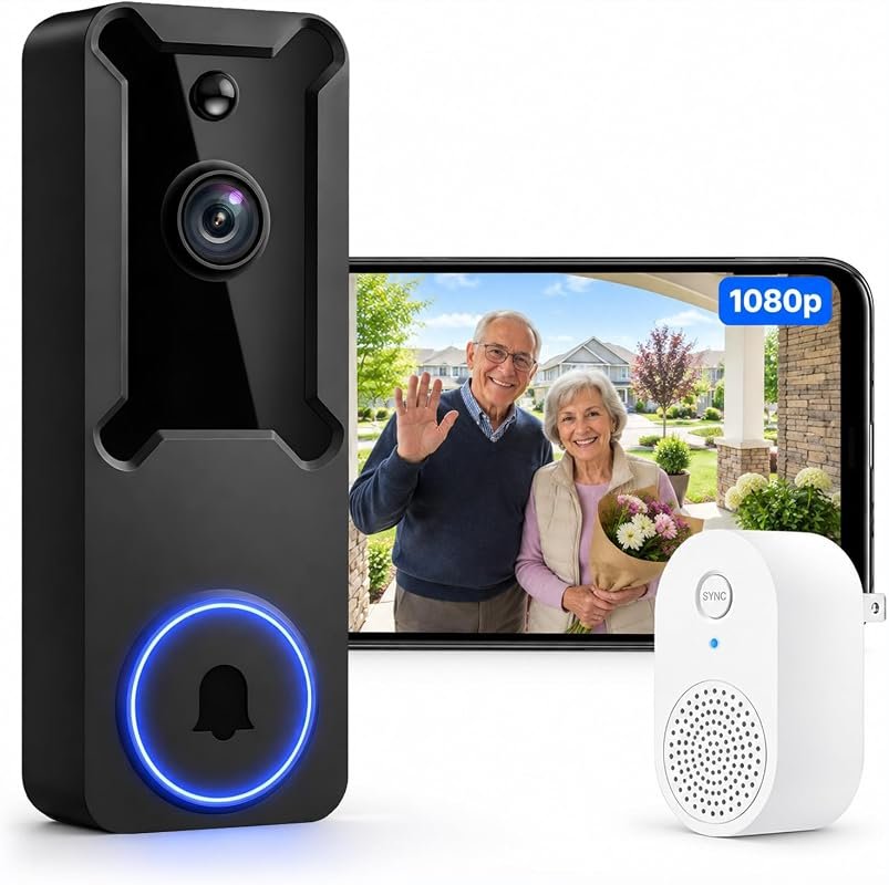 Wireless 1080P Doorbell Camera, battery‑powered with included receiver