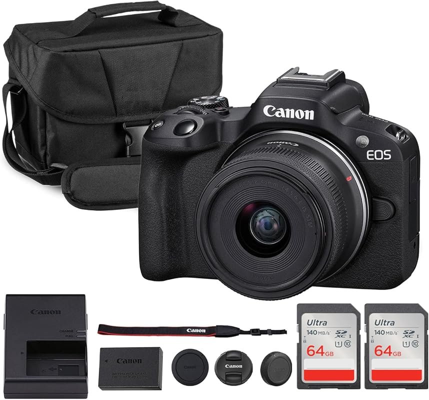 Canon EOS R50 with 18-45mm RF lens, 4K video, Dual Pixel AF II, touchs